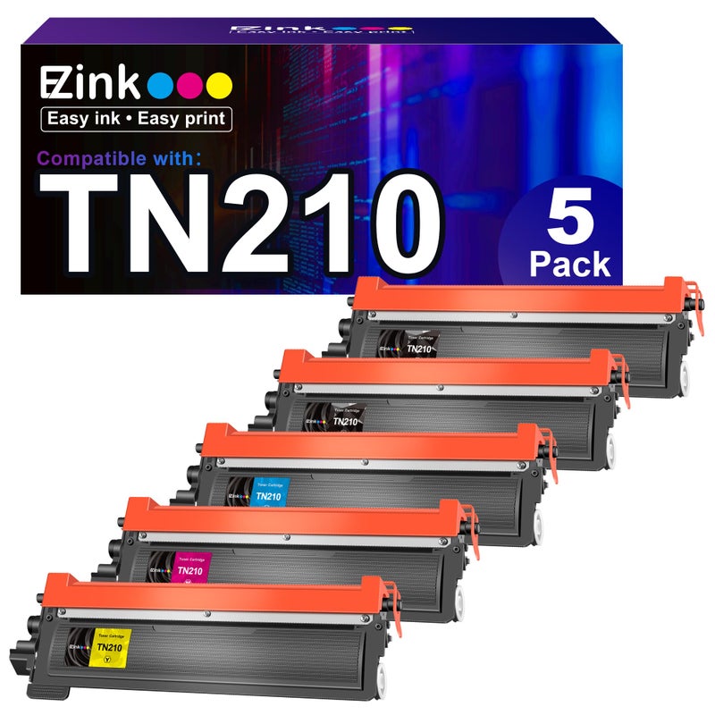 E-Z Ink Compatible Toner Cartridge Replacement for Brother TN210 TN-210 to use with HL-3040CN HL-3070CW HL-3075CW DCP-9010CN MFC-9010CN MFC-9320CW (2 Black, 1 Cyan, 1 Magenta, 1 Yellow) 5 Pack - Image 1